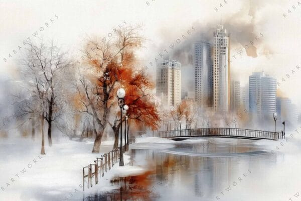 Digital painting of a snowy city park with autumn trees and skyscrapers in background.