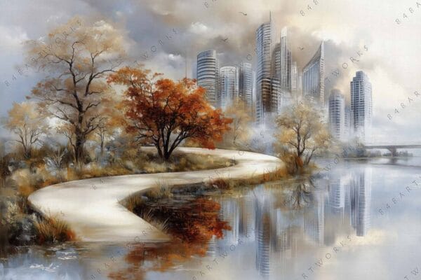 "Impressionist painting of modern city skyline with autumn trees and reflective water."