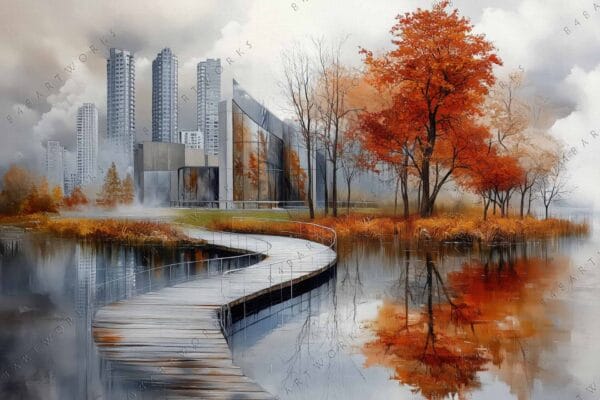 "Surreal digital painting of autumn trees and skyscrapers reflected in tranquil water."