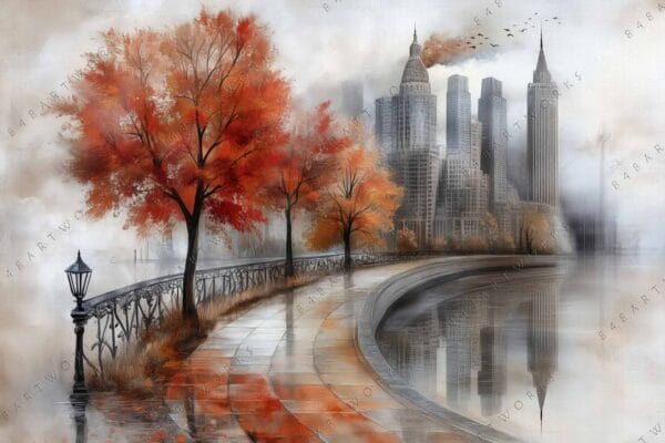 Digital painting of a foggy cityscape with orange autumn trees lining a curved walkway.