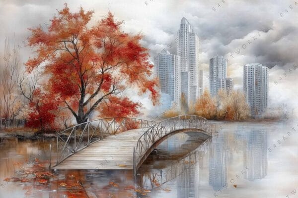 Digital painting of a bridge over water, red autumn trees, gray cityscape background.