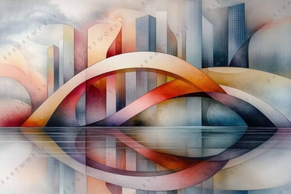 Abstract digital painting of arched structures and skyscrapers with orange and blue hues.