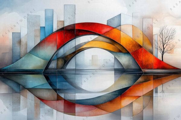 "Abstract digital painting of colorful arch bridges reflecting cityscape in reds and blues."