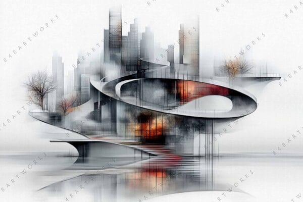 "Futuristic digital painting of abstract cityscape with muted grays and orange accents."