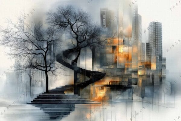 Futuristic digital painting of spiral staircase and trees against a misty cityscape.