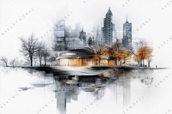 Digital art of modern cityscape with autumn trees, tall buildings, and reflection.