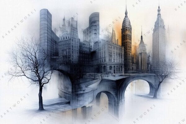 Digital artwork of cityscape merging with barren trees in grayscale and light orange tones.