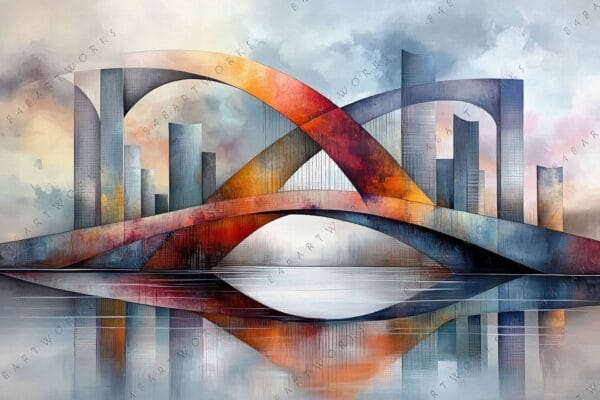 Abstract digital painting of arched bridges over a cityscape in blue, orange, and gray.