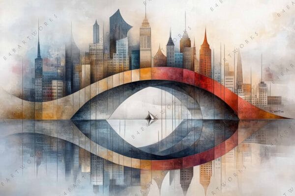 "Surreal digital painting of city skyline reflected in eye-shaped abstract design."