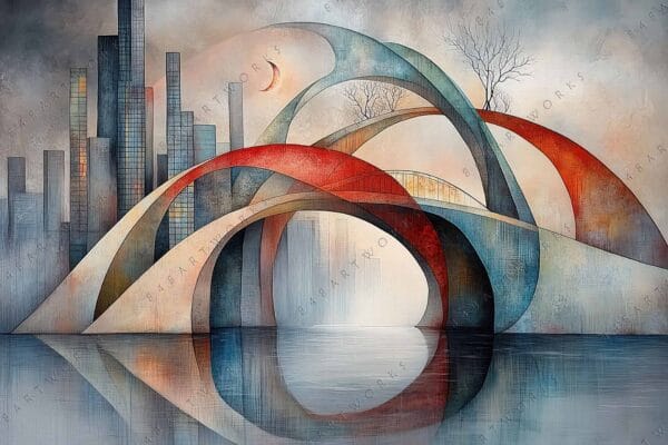 "Abstract digital art of arches and skyscrapers in muted blue, red, and gray tones."