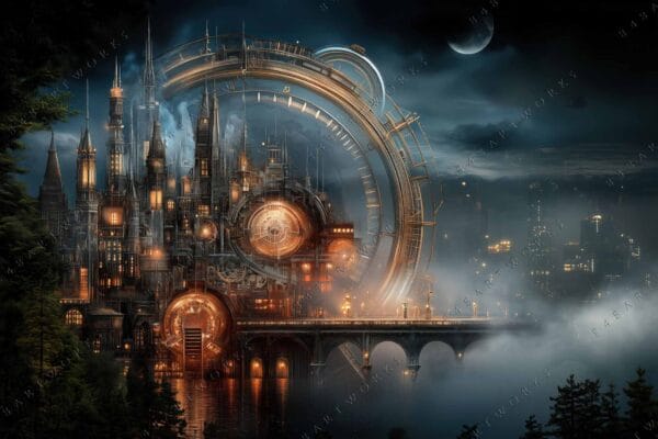Futuristic digital art of illuminated cityscape with clockwork elements under a crescent moon.