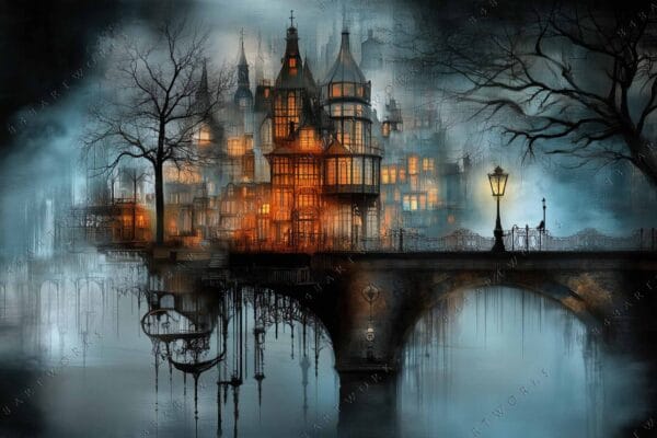 "Surreal digital painting of illuminated Gothic buildings on a misty bridge in blue hues."