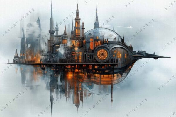 "Surreal digital painting of a floating steampunk cityscape with glowing orange lights."