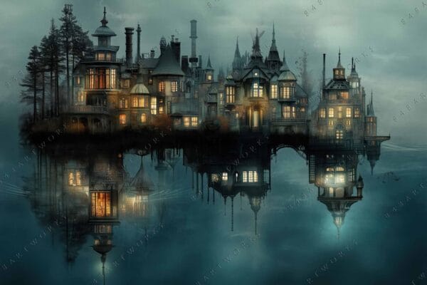 Surreal digital artwork of illuminated Victorian houses reflected in calm water, with misty ambiance.