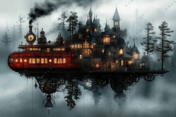 Steampunk digital art of a red train beside a gothic house in misty woods.
