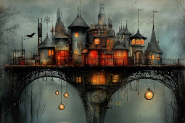 "Surreal digital art of whimsical castle on bridge, with warm glowing windows in twilight."