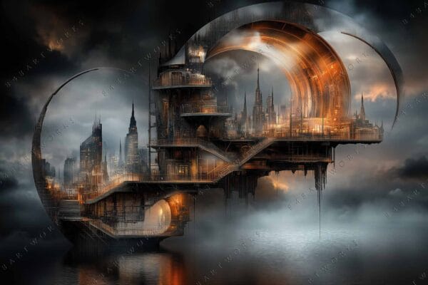 "Futuristic digital art of a surreal cityscape with glowing bronze and gray tones."