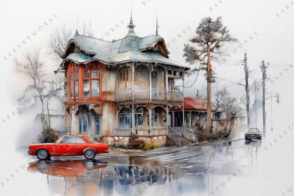 Watercolor painting of a vintage house with red car on a rainy street.