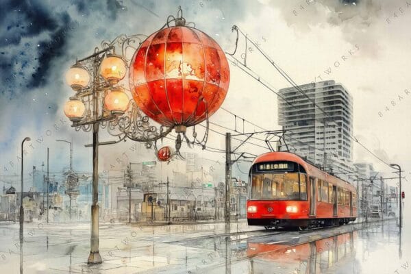 Watercolor painting of a red tram and lanterns in a rainy city street.