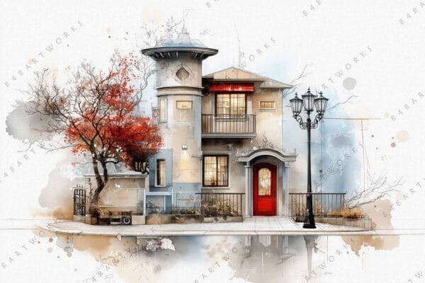 "Watercolor painting of a house with red door, autumn trees, and lamppost."