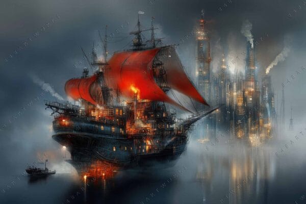 Steampunk digital painting of a ship with red sails near an industrial cityscape.