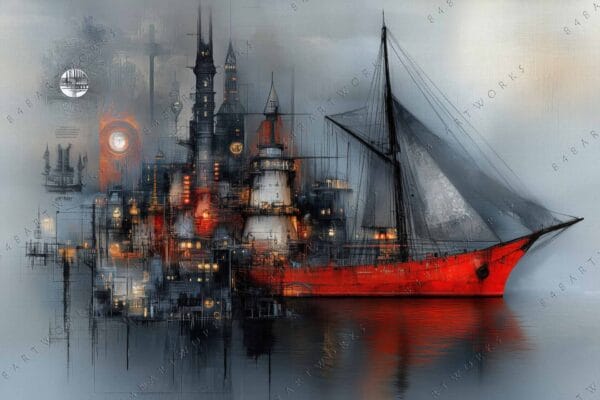 Futuristic digital painting of a red ship docked beside an illuminated cityscape.