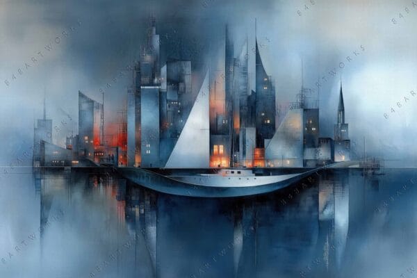 Futuristic digital painting of a cityscape with a ship, in blue and orange hues.