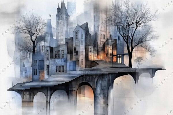 Surreal digital art of a misty cityscape with bare trees and stairs in gray.