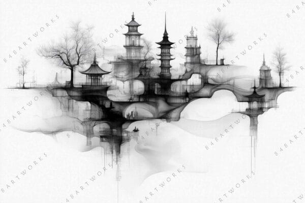 "Digital drawing of pagodas and trees in grayscale, with intricate line details."