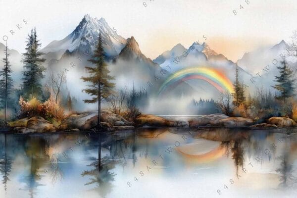 Digital painting of misty mountains and pine trees with a rainbow over a lake.
