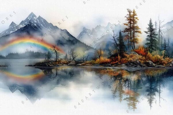 Digital painting of snowy mountains, rainbow, autumn trees, and lake reflection.