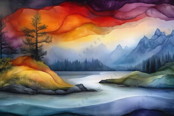 Surreal digital painting of a colorful landscape with mountains, trees, and a vibrant sky.