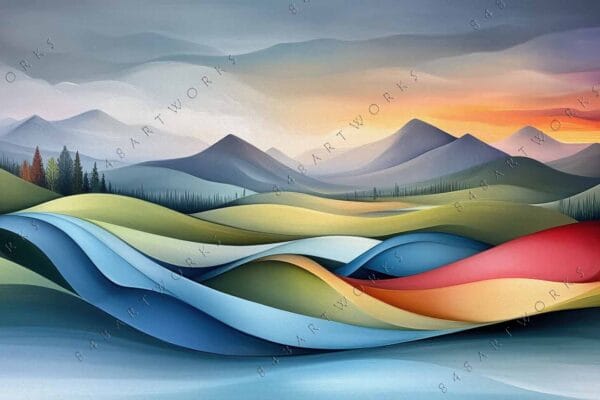 Abstract digital painting of colorful rolling hills and mountains at sunset.