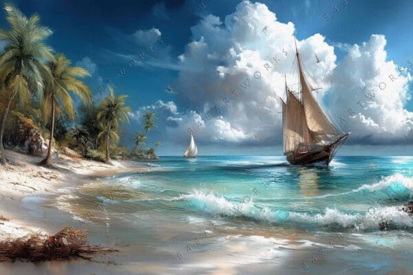 "Digital painting of a tropical beach with sailboats and palm trees under cloudy skies."