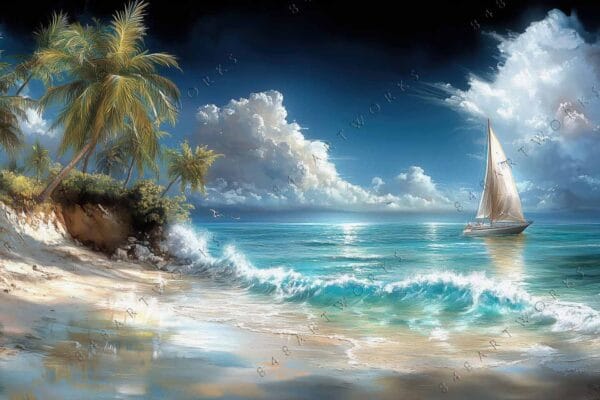 Tropical digital painting of a sunlit beach and sailboat under a cloudy sky.