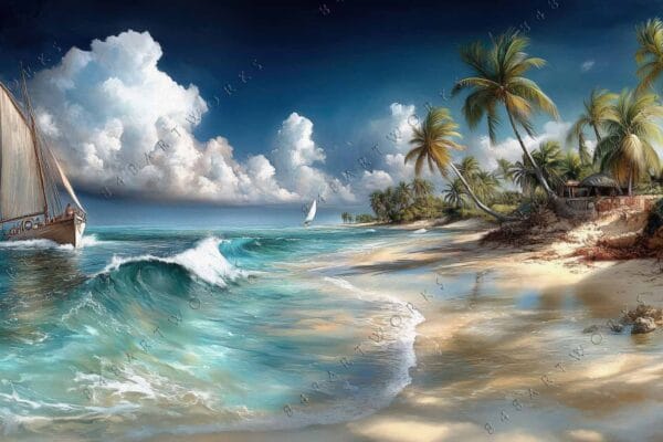"Digital painting of a sailboat and tropical beach under a vibrant blue sky."