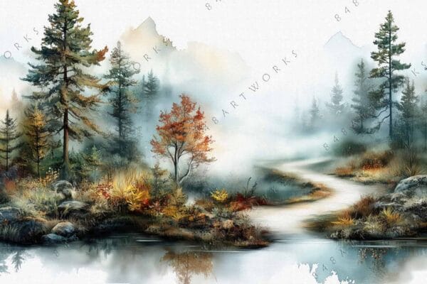 "Watercolor landscape of a misty forest with autumn foliage and a reflective pond."