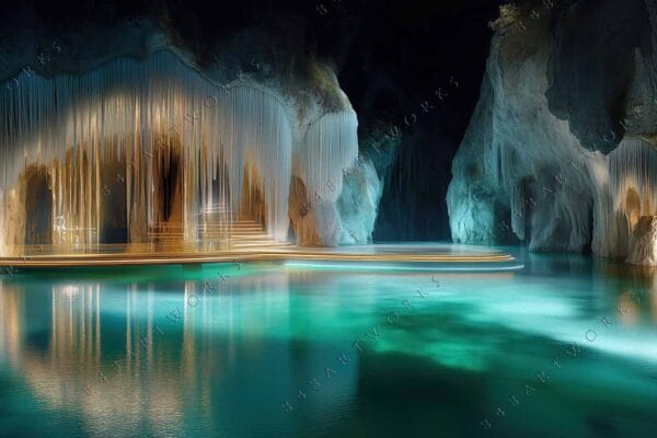 Futuristic digital art of an illuminated cave interior with turquoise water reflections.