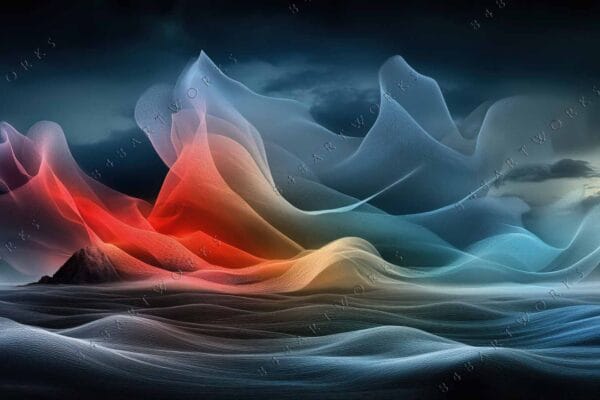 "Digital art of colorful waves over a dark sea and sky, in red and blue."