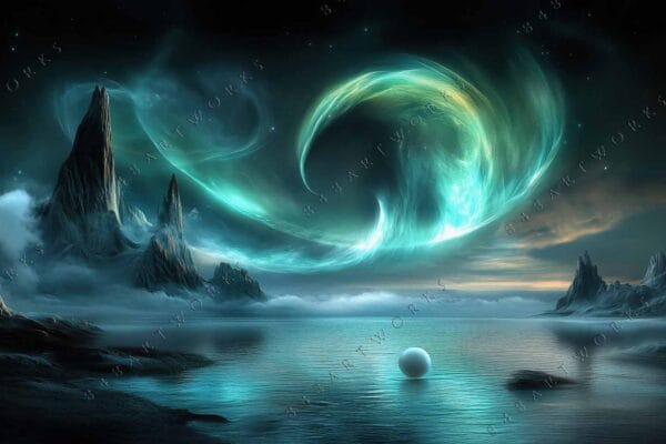 "Surreal digital art of mystical landscape with glowing teal swirls and rugged peaks."