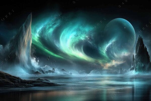 "Digital painting of alien landscape with swirling aurora and rugged mountains in teal hues."