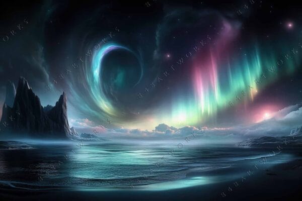 Digital painting of a glowing aurora over dark mountains and ocean, in vibrant colors.