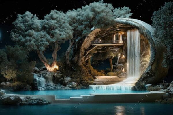 "Digital art of a tree house with waterfall, moonlit night scene in blues and greens."