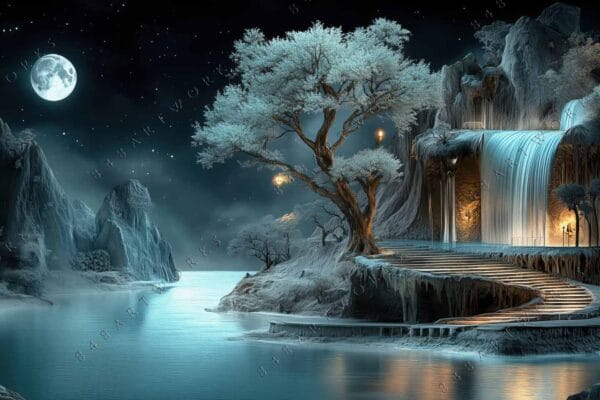 "Fantasy digital artwork of moonlit waterfall, icy landscape, and illuminated tree in blue tones."