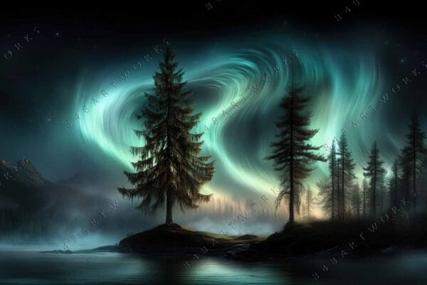 Digital painting of northern lights over pine trees with mountains in the background.