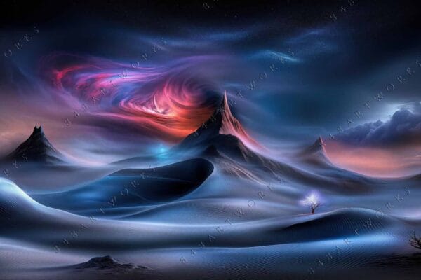 Futuristic digital landscape with swirling nebula, jagged mountains, and vibrant blue-orange hues.