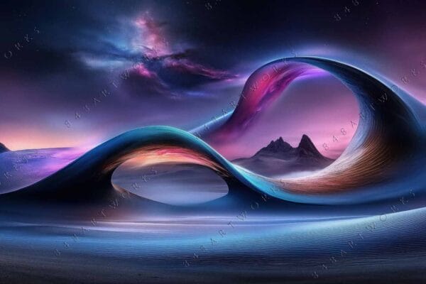 Futuristic digital artwork of a dreamlike landscape with vibrant blue and purple waves.