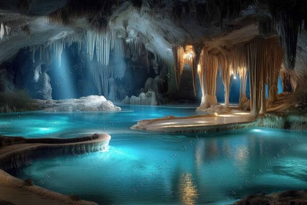"Digital art of an illuminated cave with turquoise water and stalactites."
