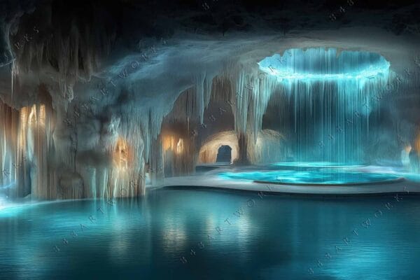 "Digital artwork of illuminated turquoise cave with cascading waterfalls and serene water reflections."