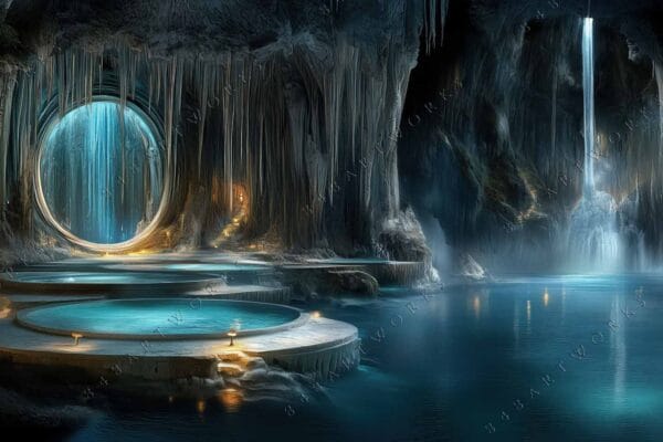 Digital artwork of a mystical cave with waterfalls and illuminated turquoise pools.